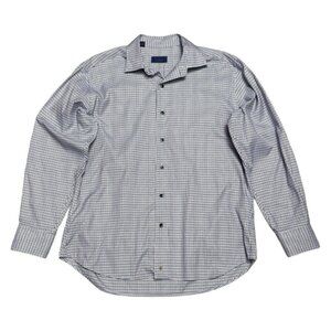 DAVID DONAHUE Luxury Non Iron Trim Fit Plaid Designer Blue Business Dress Shirt